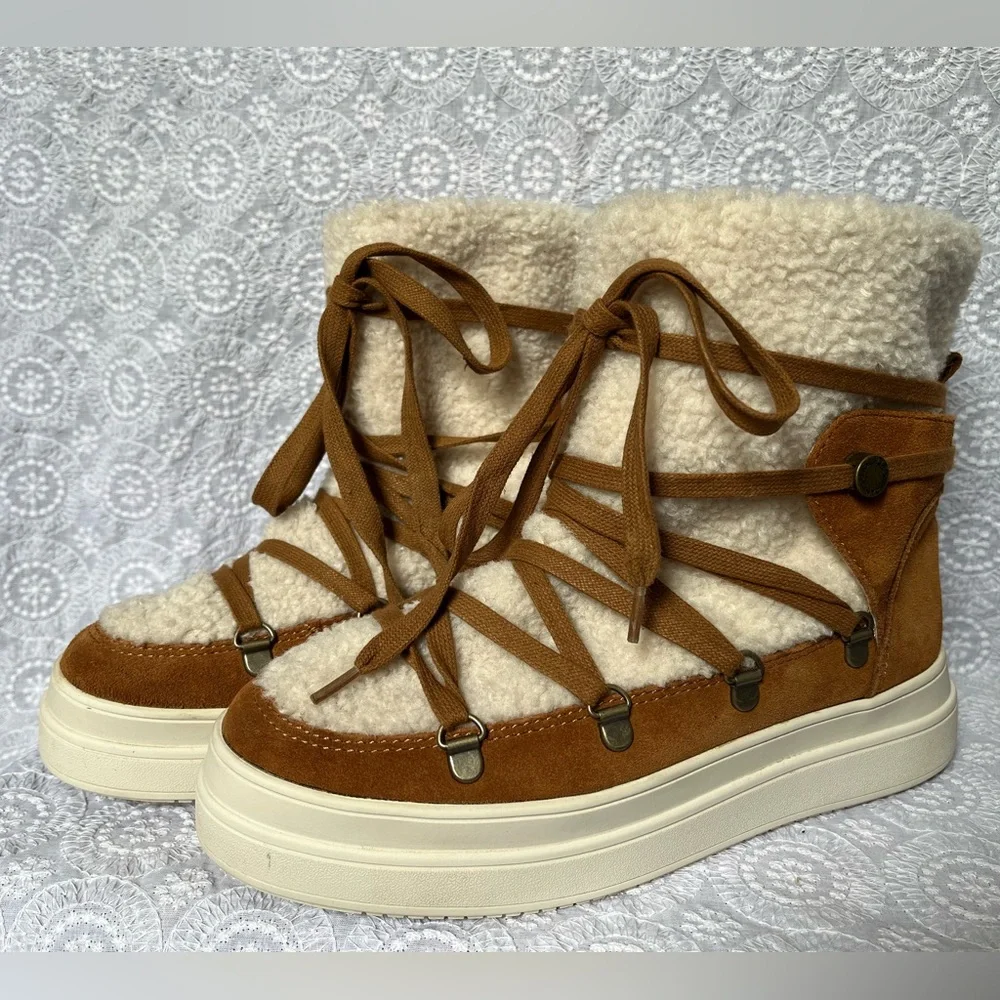 J/Slides Newbie Tan Suede Leather Faux Fur Platform Boot; Women’s 7.5; snowbunny